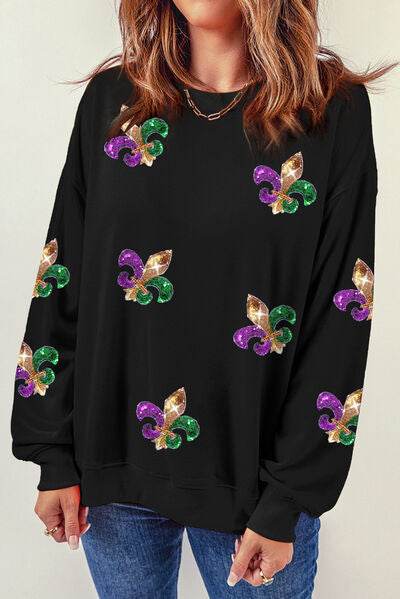 Sequin Round Neck Dropped Shoulder Sweatshirt - DaTrendStore.Com