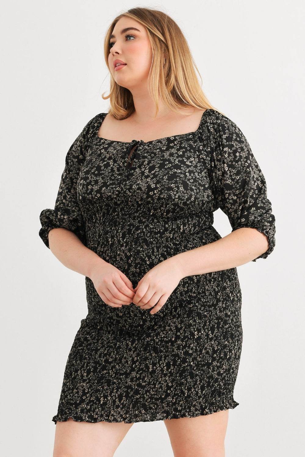 Zenobia Plus Size Smocked Printed Square Neck Mini Dress - DaTrendStore.Com