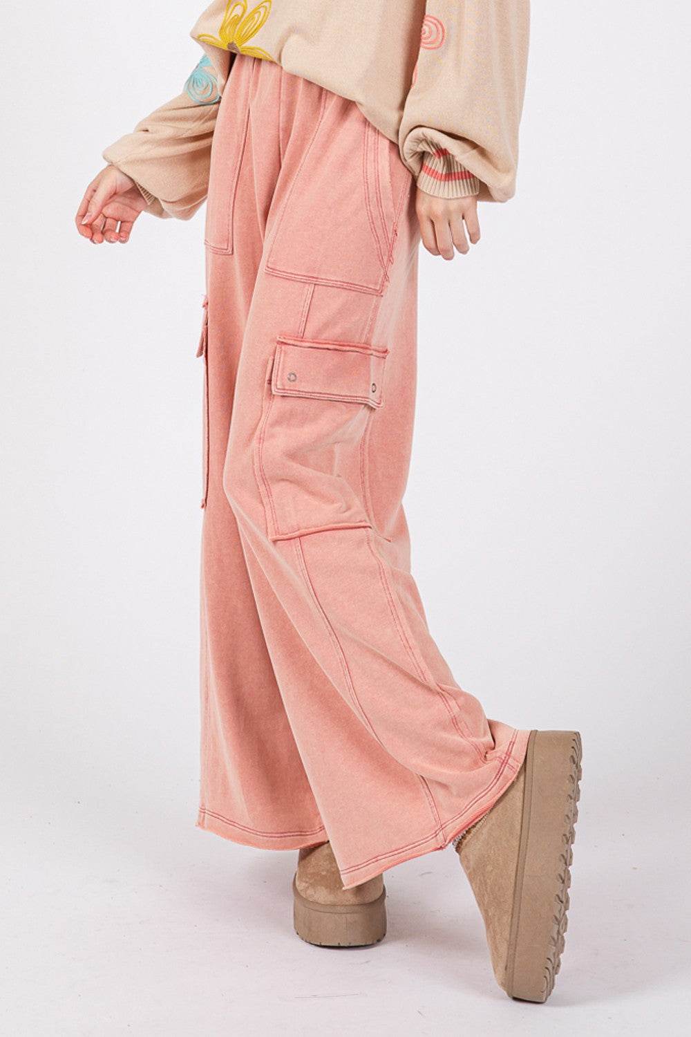 SAGE + FIG Knit Terry Mineral Wash Wide Leg Pants - DaTrendStore.Com
