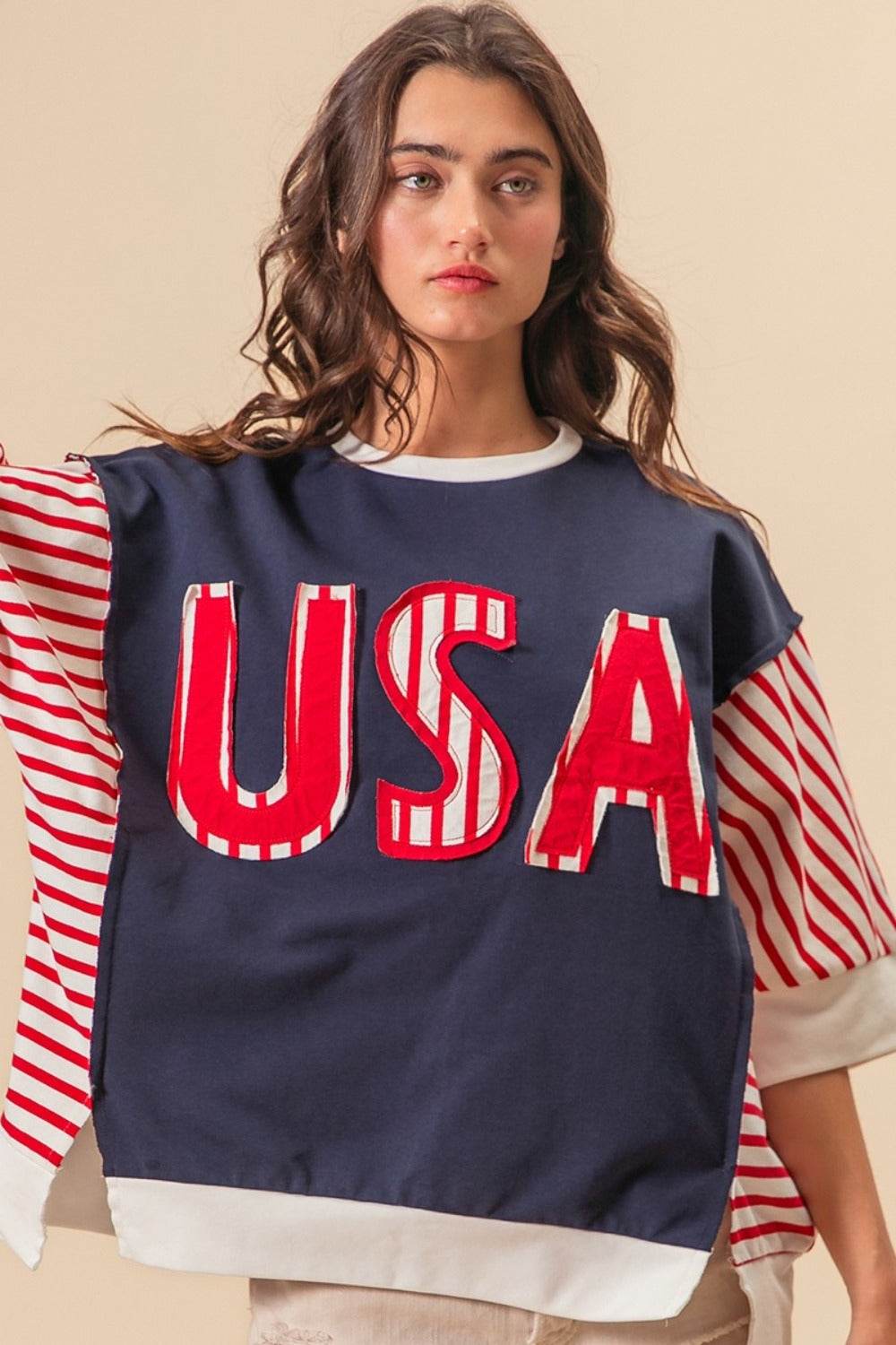 BiBi USA Letter Patchwork Contrast Short Sleeve T-Shirt - DaTrendStore.Com