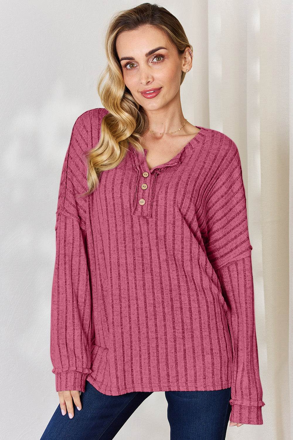 Basic Bae Full Size Ribbed Half Button Long Sleeve T-Shirt - DaTrendStore.Com