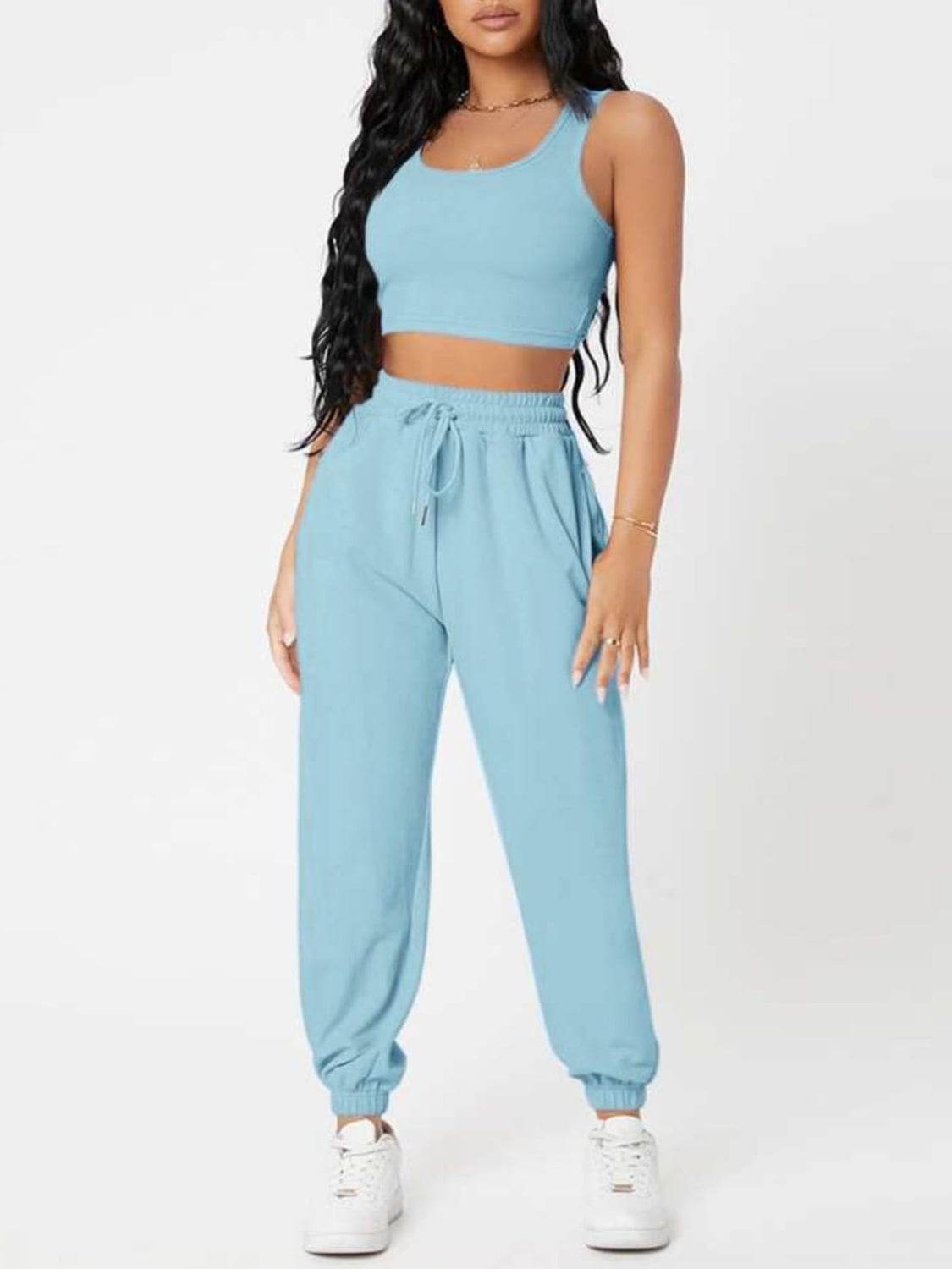 Wide Strap Top and Drawstring Joggers Set - DaTrendStore.Com