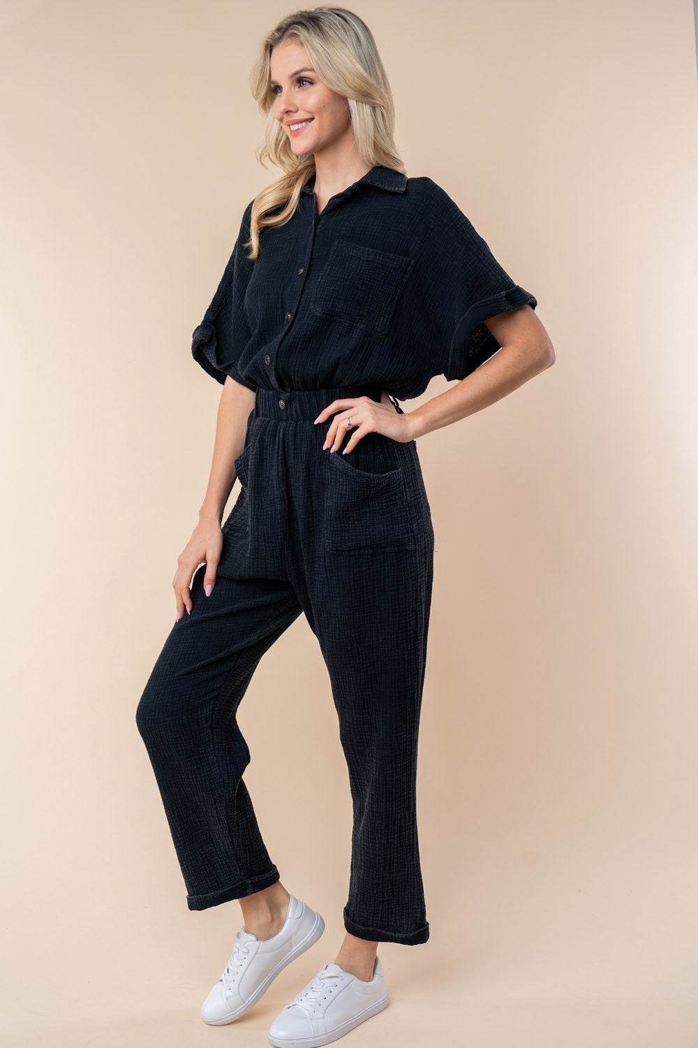 White Birch Texture Short Sleeve Jumpsuit - DaTrendStore.Com