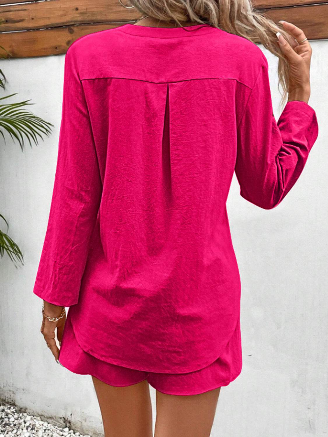 Notched Long Sleeve Top and Shorts Set - DaTrendStore.Com