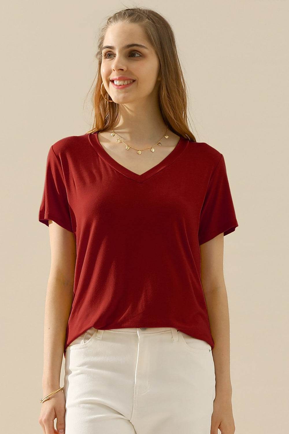 Ninexis Full Size V-Neck Short Sleeve T-Shirt - DaTrendStore.Com