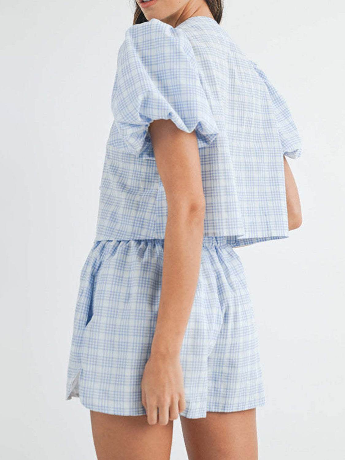 V-Neck Puff Sleeve Top and Shorts Set - DaTrendStore.Com