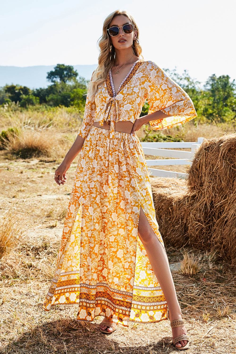 Printed Half Sleeve Top and Slit Skirt Set - DaTrendStore.Com