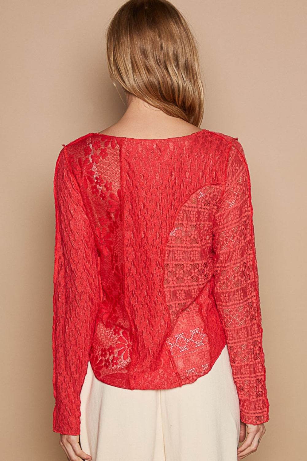POL Exposed Seam Long Sleeve Lace Knit Top - DaTrendStore.Com