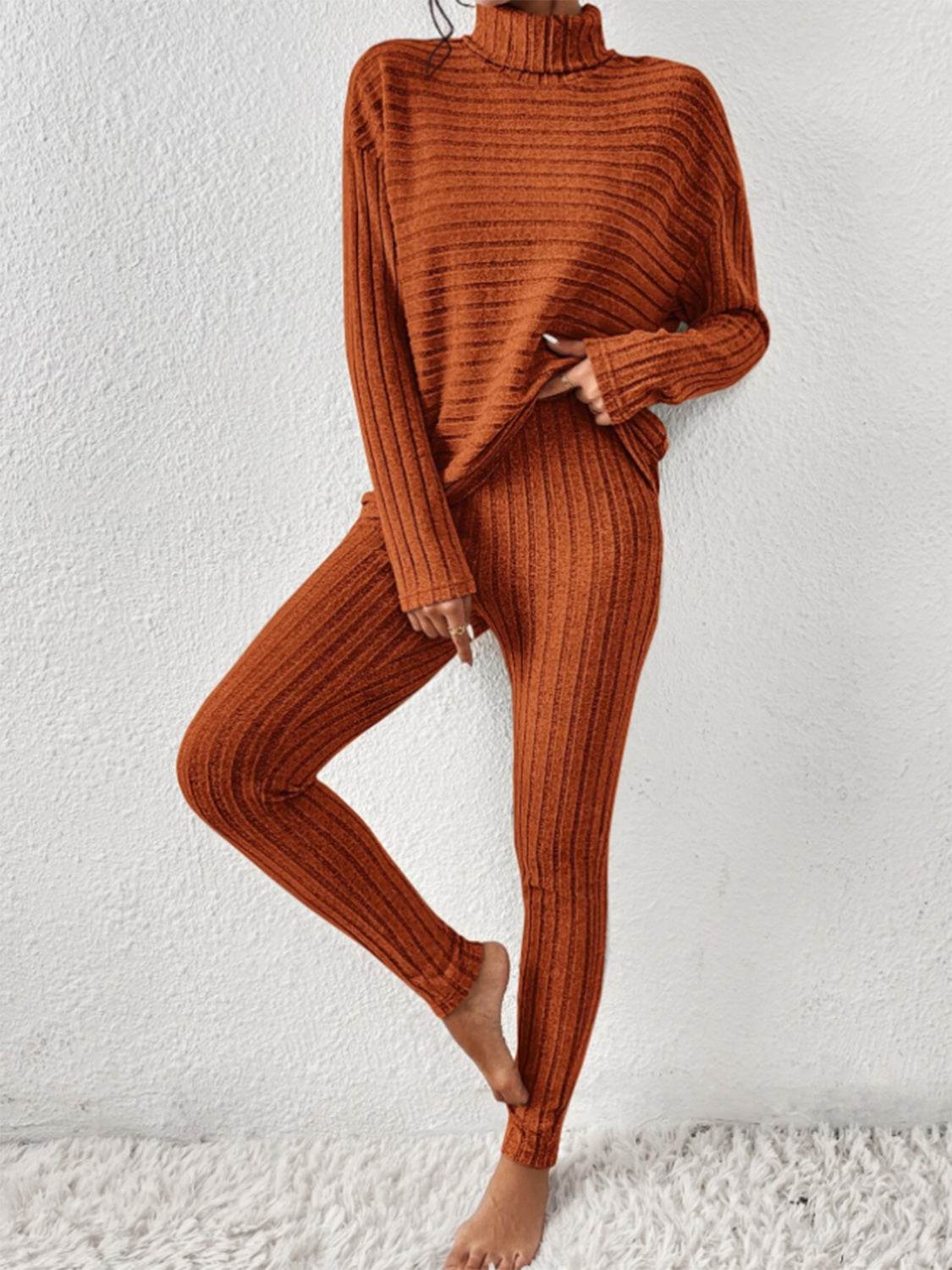 Ribbed Turtleneck Top and Pants Set - DaTrendStore.Com