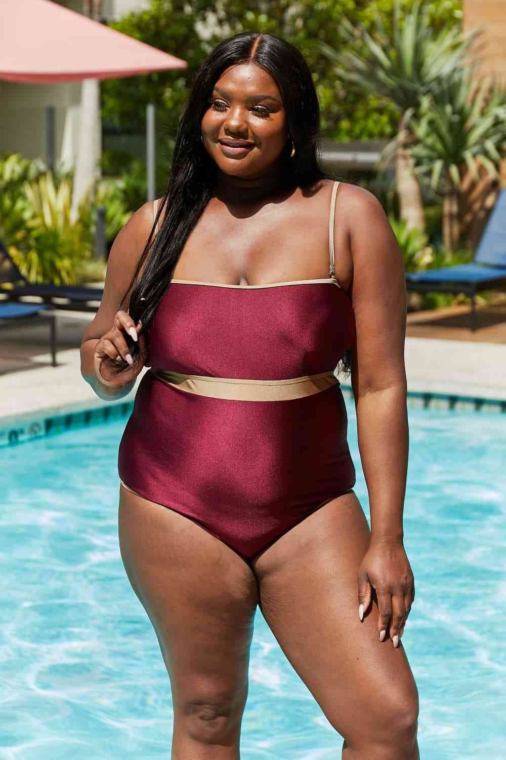 Marina West Swim Wave Break Contrast Trim One-Piece in Wine - DaTrendStore.Com