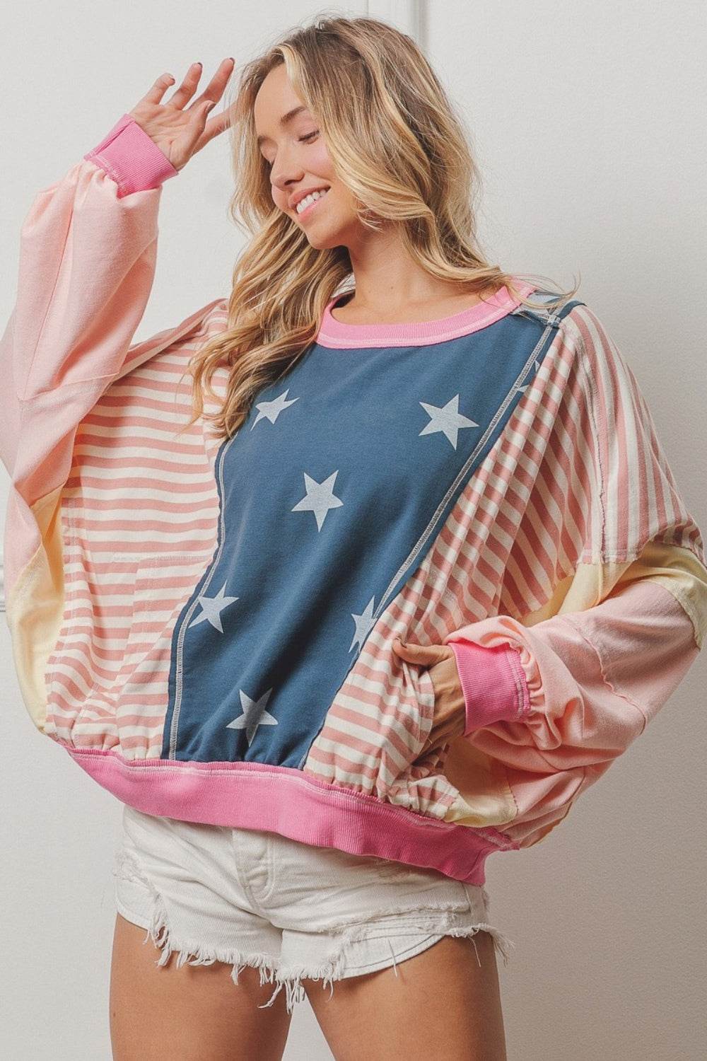 BiBi Stars and Stripes Round Neck Long Sleeve Top - DaTrendStore.Com