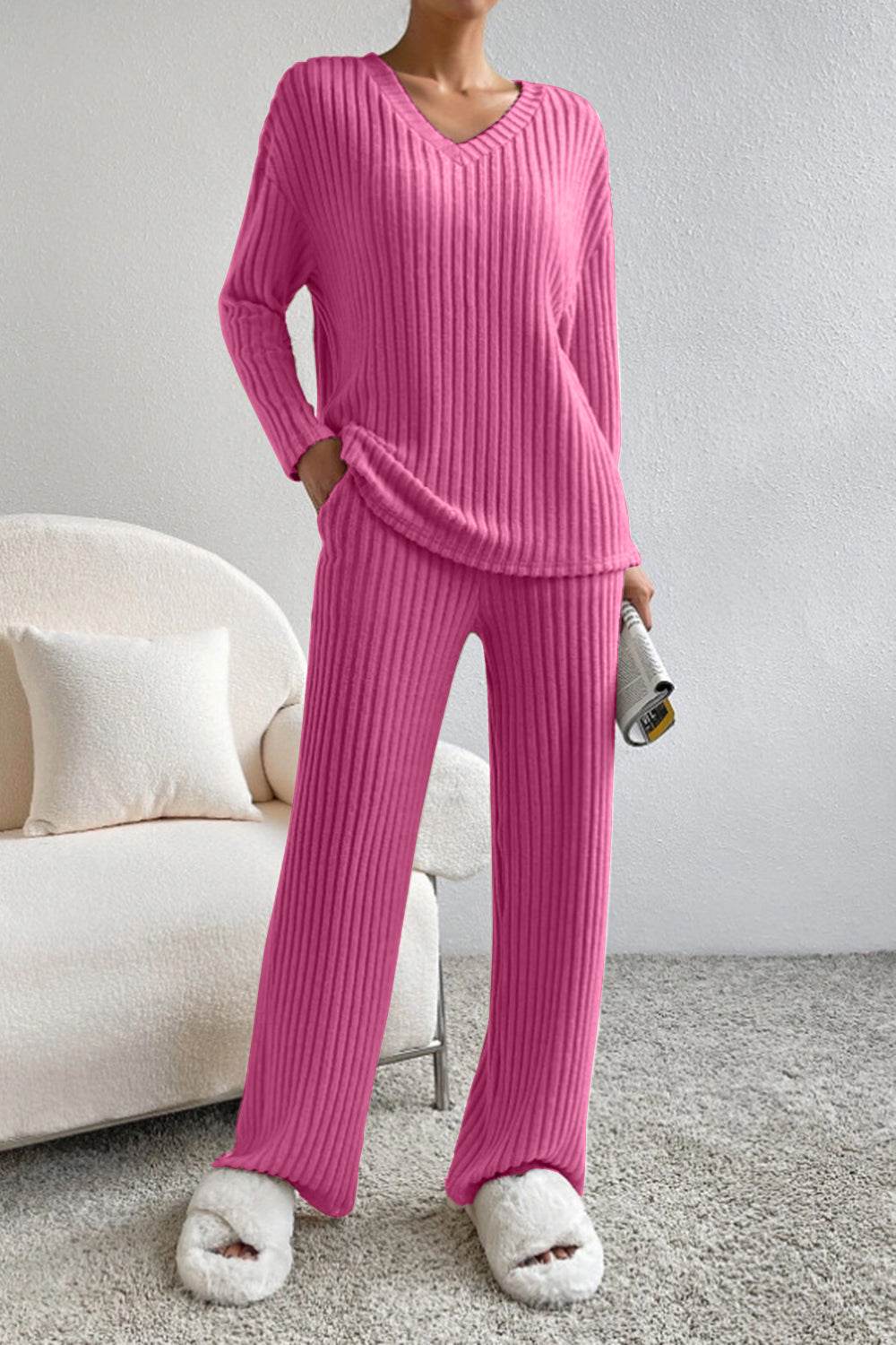 Ribbed V-Neck Top and Pants Set - DaTrendStore.Com