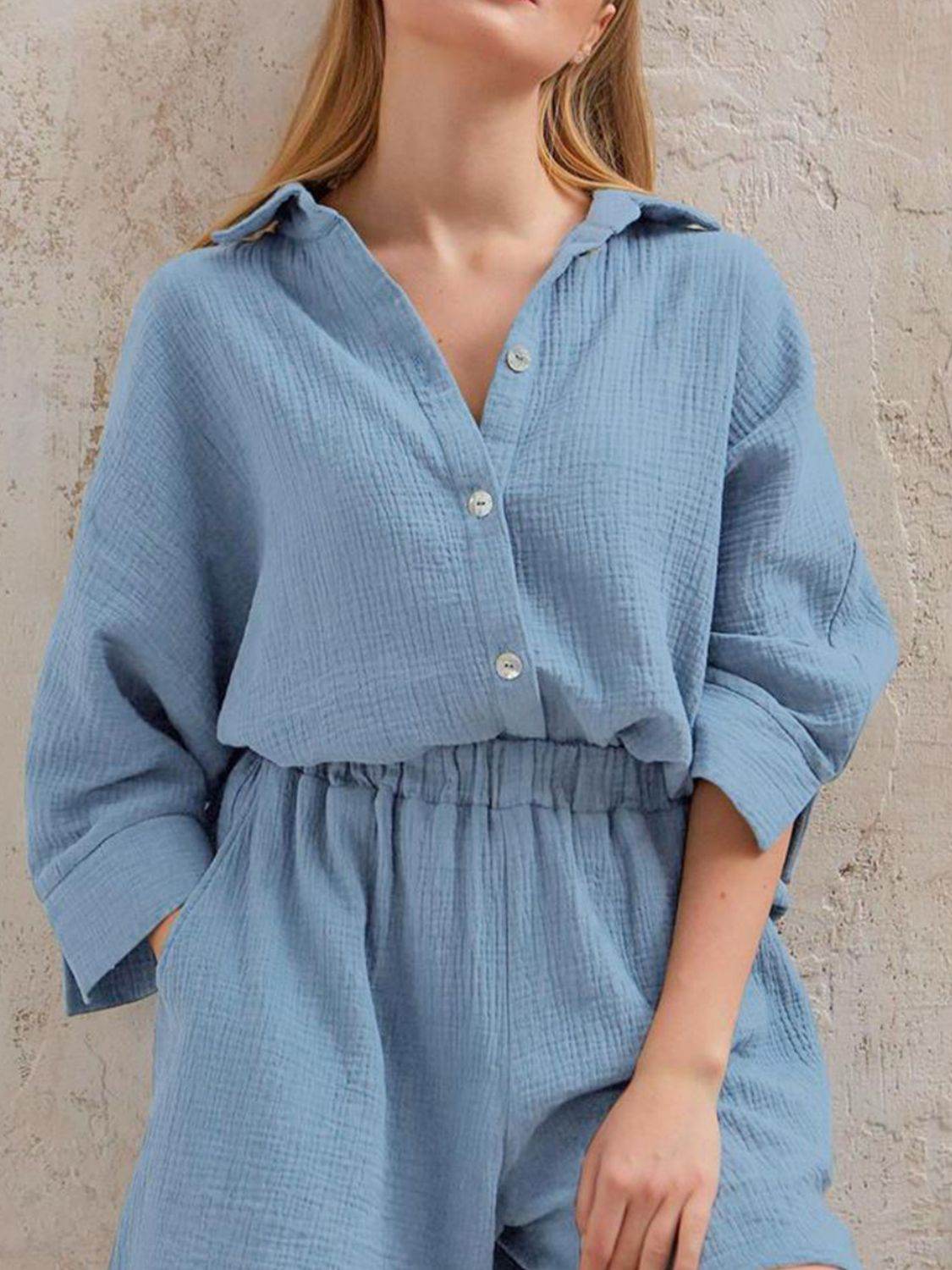 Texture Button Up Shirt and Shorts Set - DaTrendStore.Com