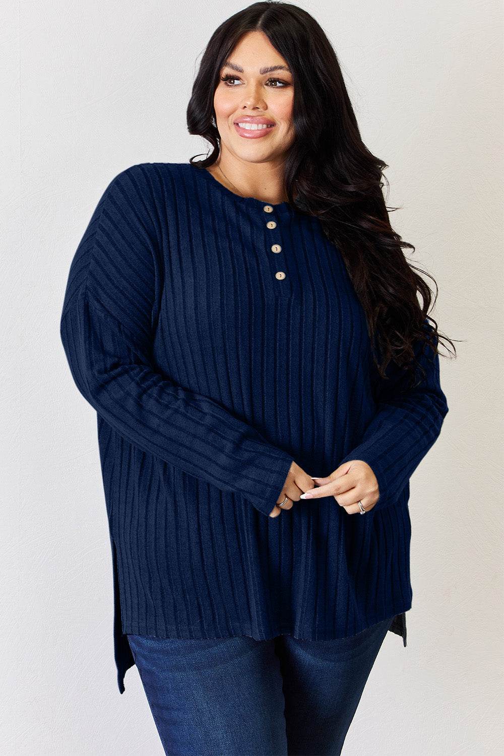Basic Bae Full Size Ribbed Half Button Long Sleeve High-Low T-Shirt - DaTrendStore.Com