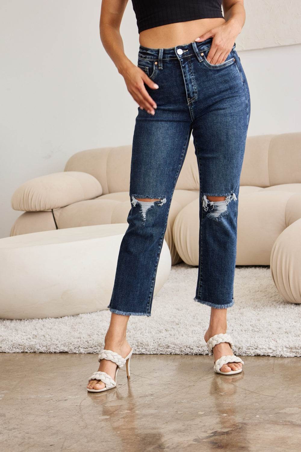 RFM Crop Dylan Full Size Tummy Control Distressed High Waist Raw Hem Jeans - DaTrendStore.Com