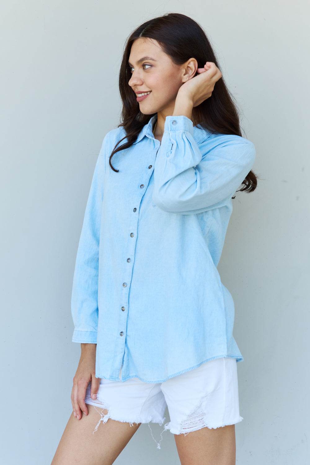 Doublju Blue Jean Baby Denim Button Down Shirt Top in Light Blue - DaTrendStore.Com