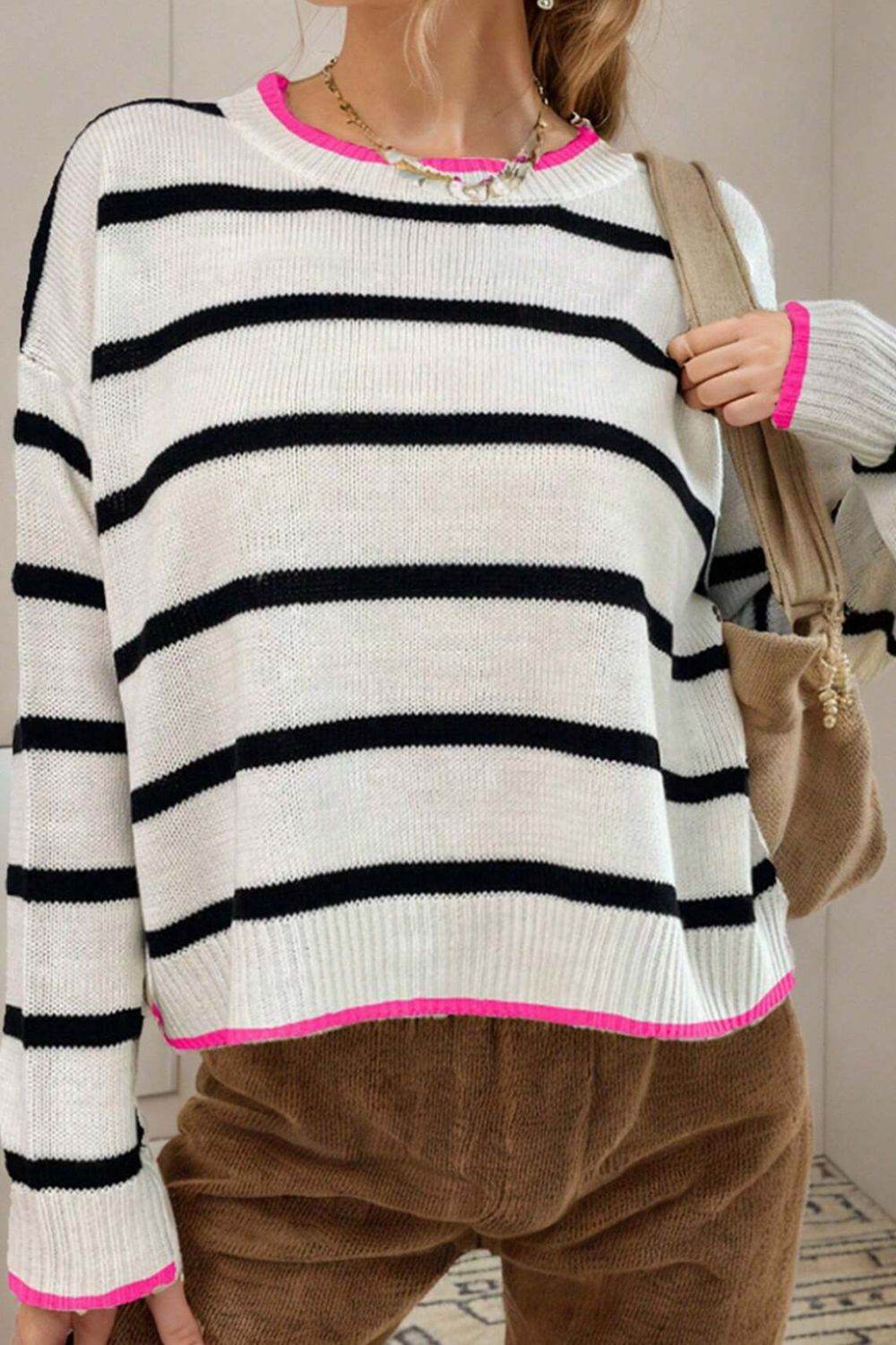 Striped Round Neck Drop Shoulder Sweater - DaTrendStore.Com