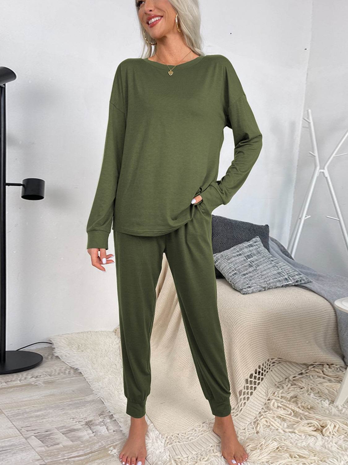 Shiny Round Neck Top and Drawstring Pants Lounge Set - DaTrendStore.Com