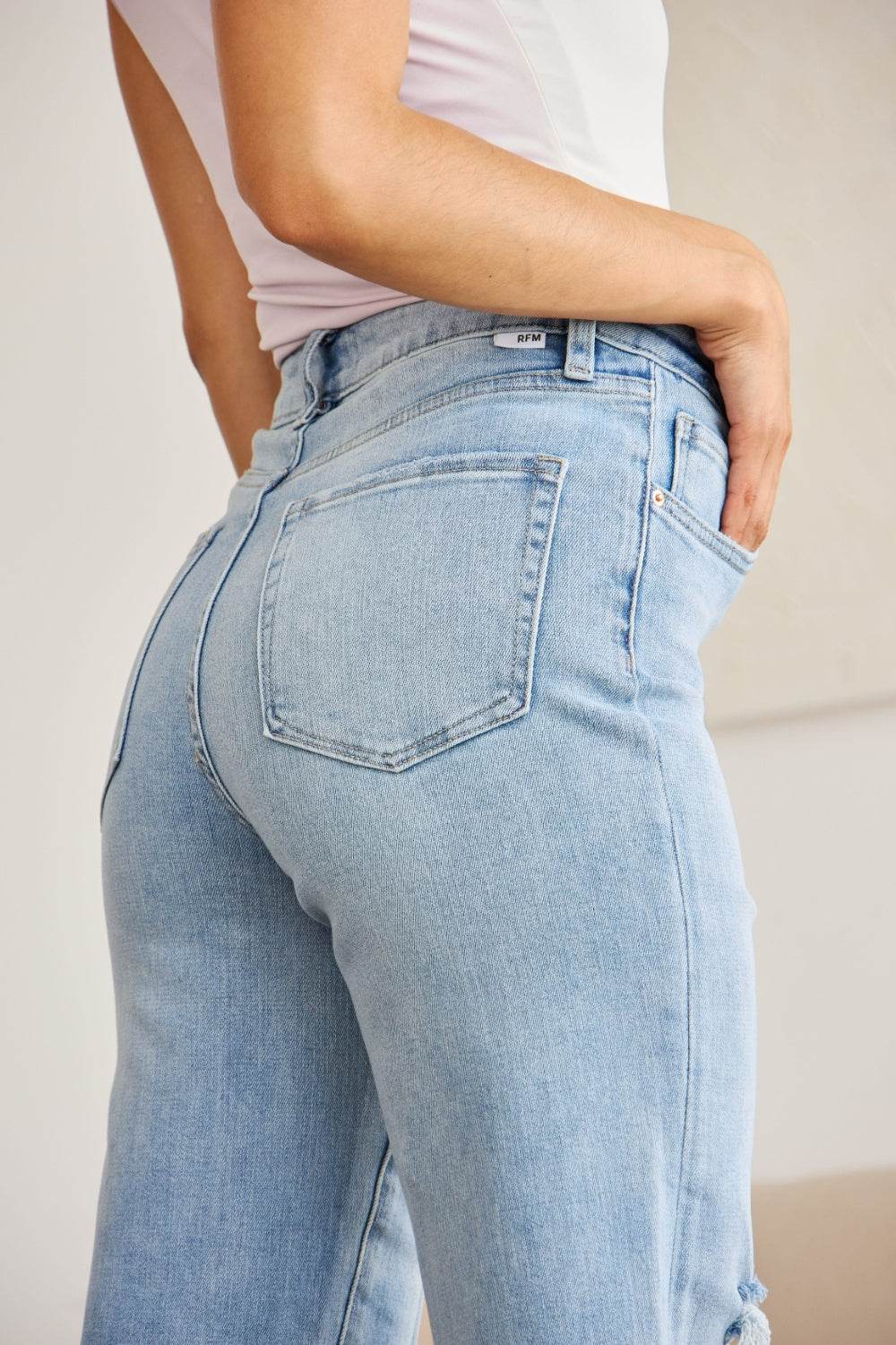 RFM Full Size Tummy Control High Waist Raw Hem Distressed Jeans - DaTrendStore.Com