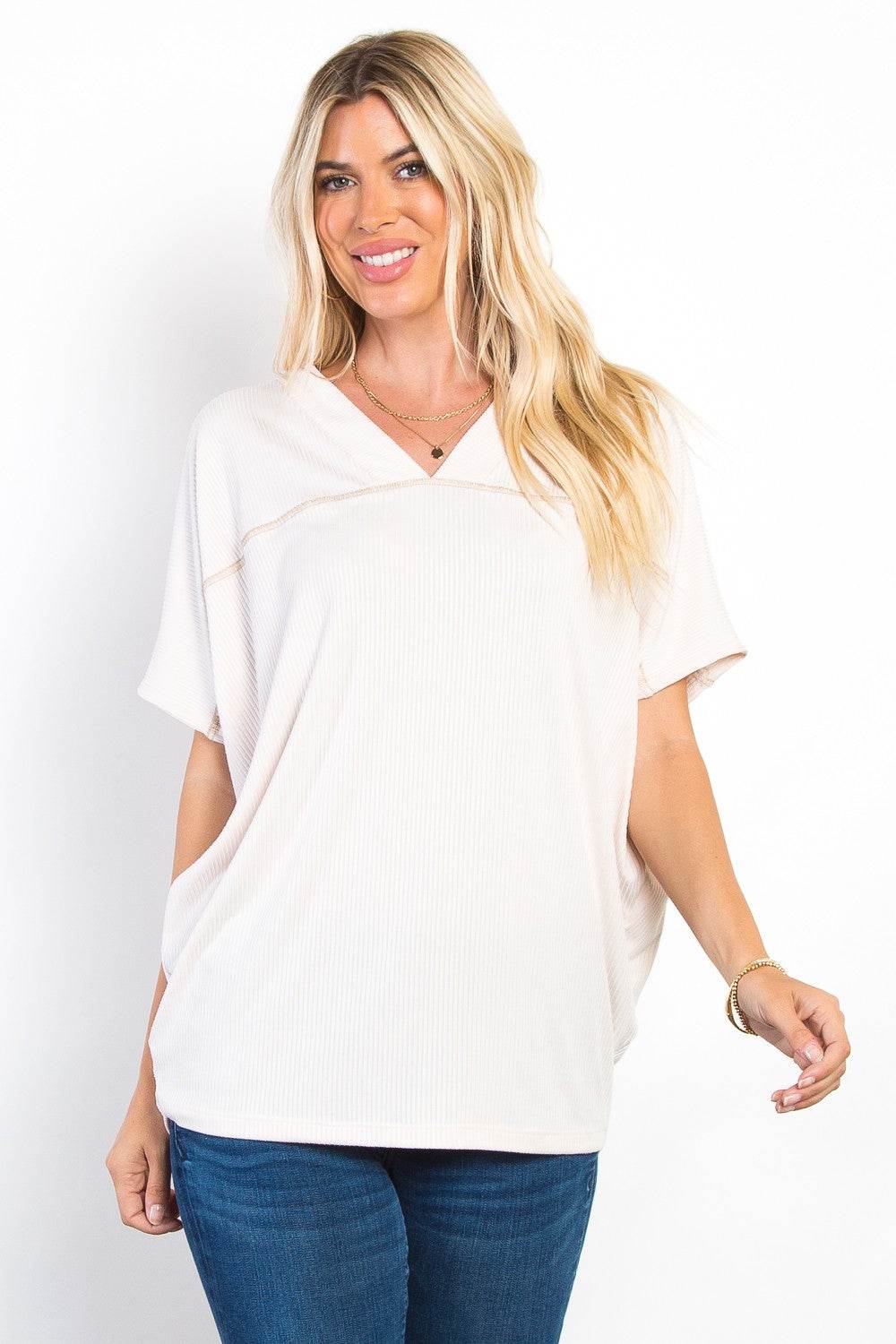 Be Stage Full Size V-Neck Short Sleeve Ribbed Top - DaTrendStore.Com