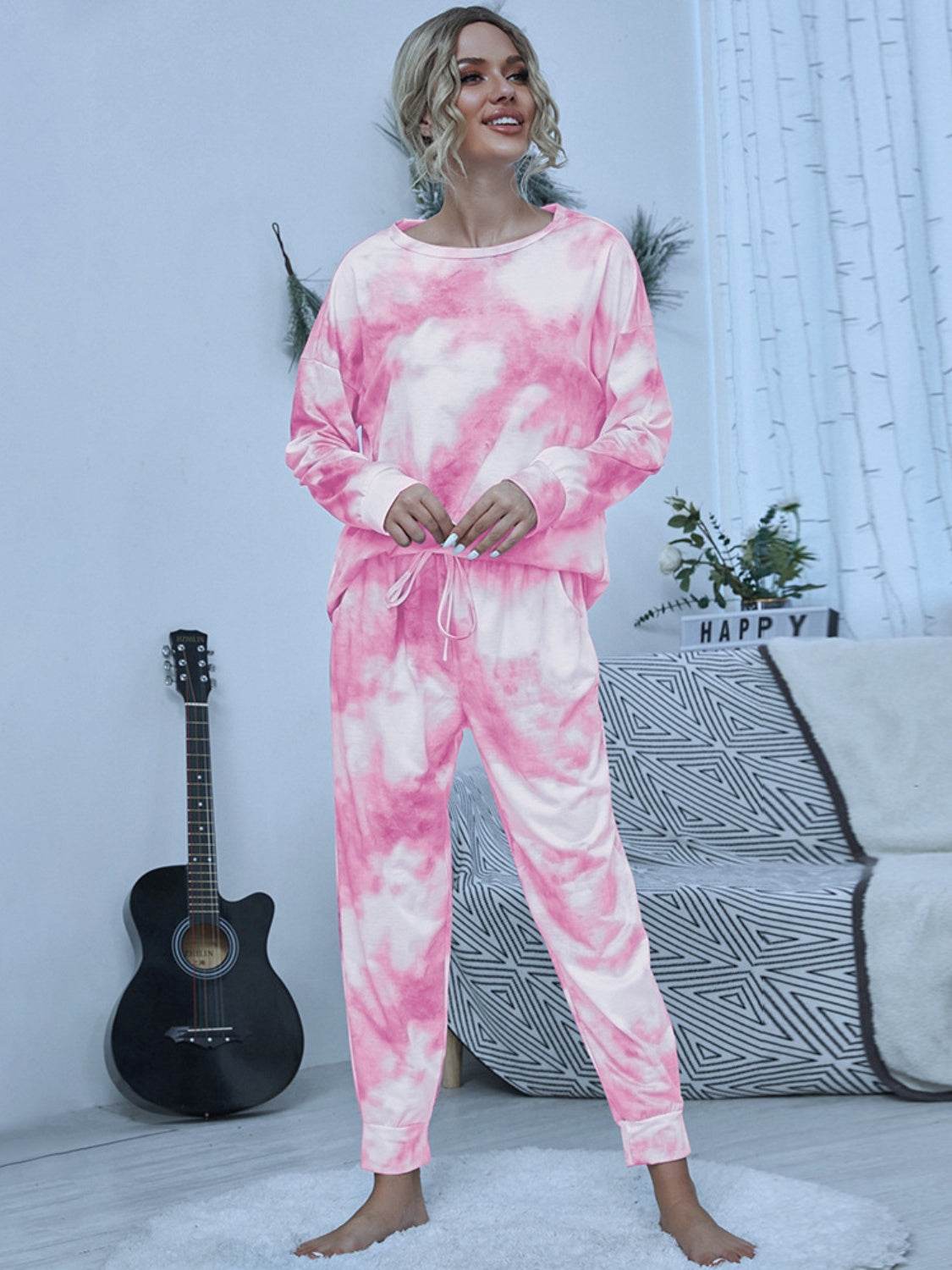 Shiny Tie-Dye Round Neck Top and Pants Lounge Set - DaTrendStore.Com
