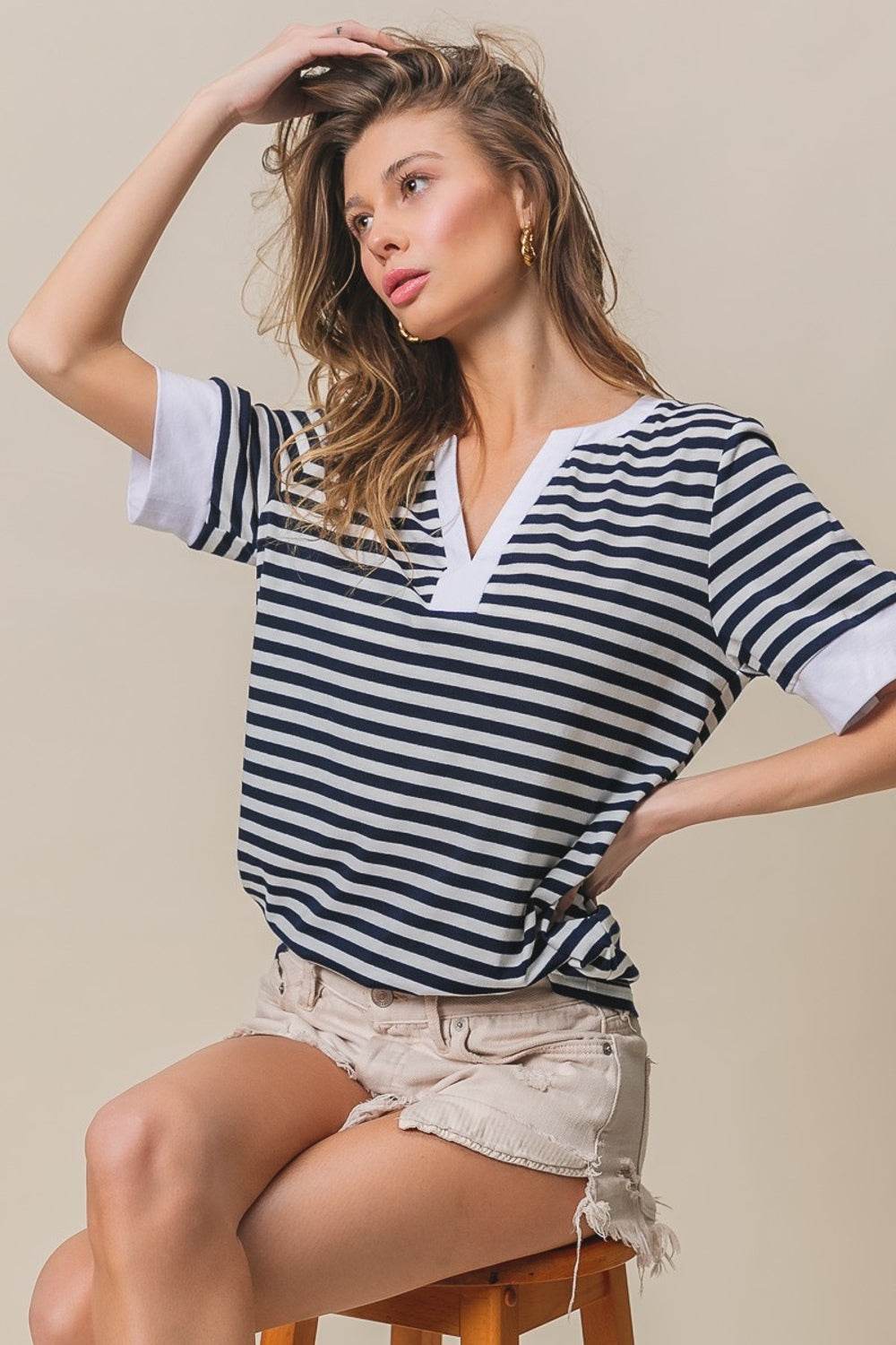 BiBi Contrast Striped Notched Knit Top - DaTrendStore.Com