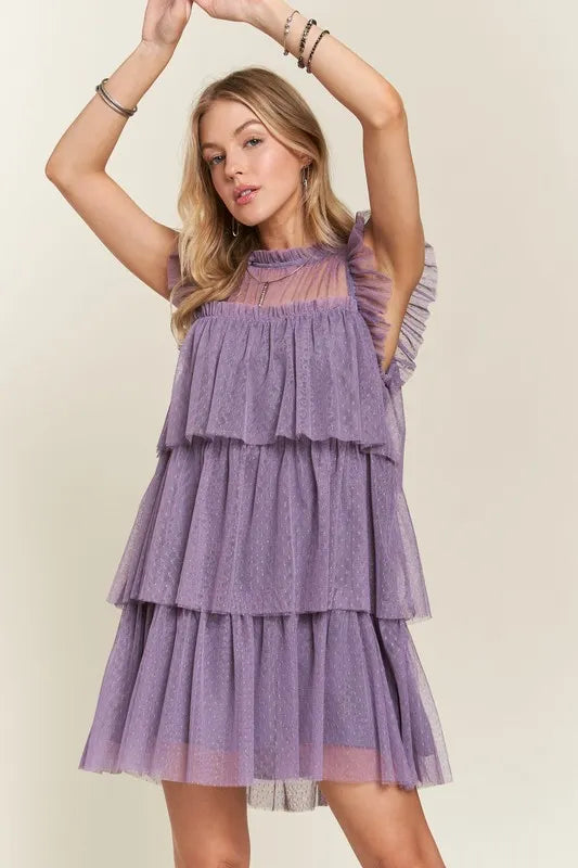 ADORA Mauve Ruffled Cap-Sleeve Mesh Dress