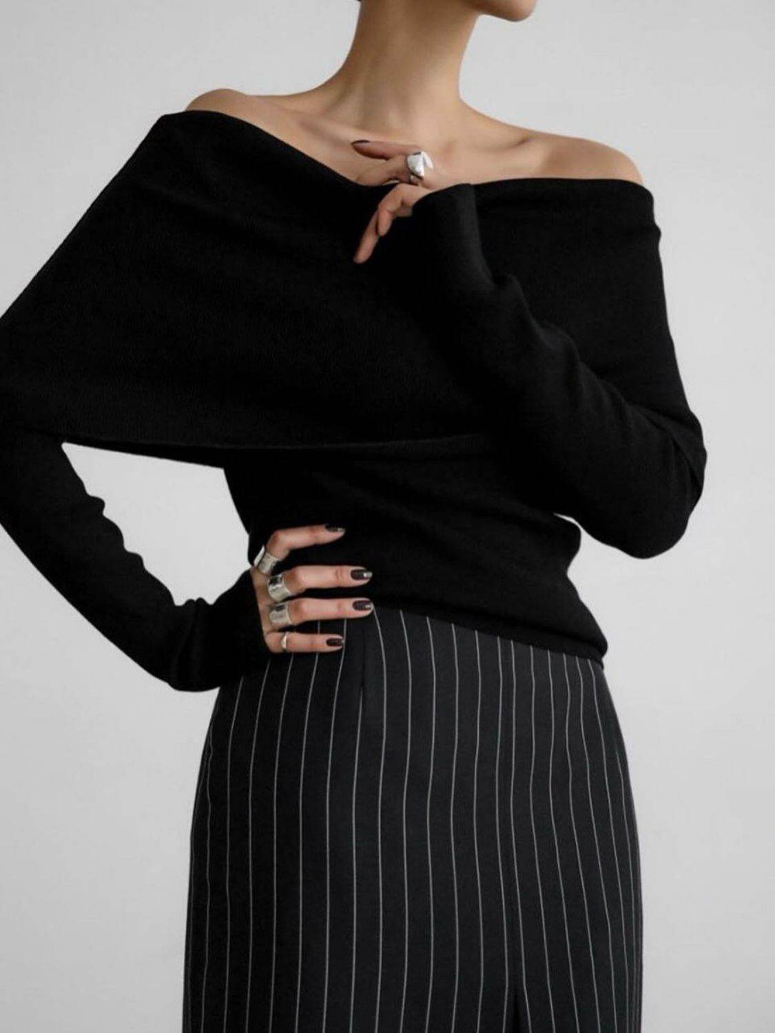 Off-Shoulder Long Sleeve Knit Top - DaTrendStore.Com