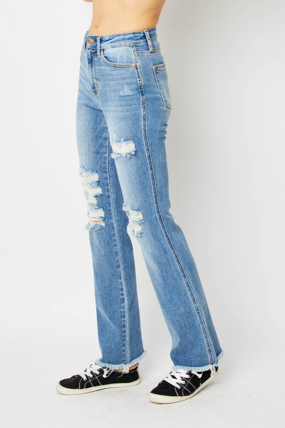 Judy Blue Full Size Distressed Raw Hem Bootcut Jeans - DaTrendStore.Com