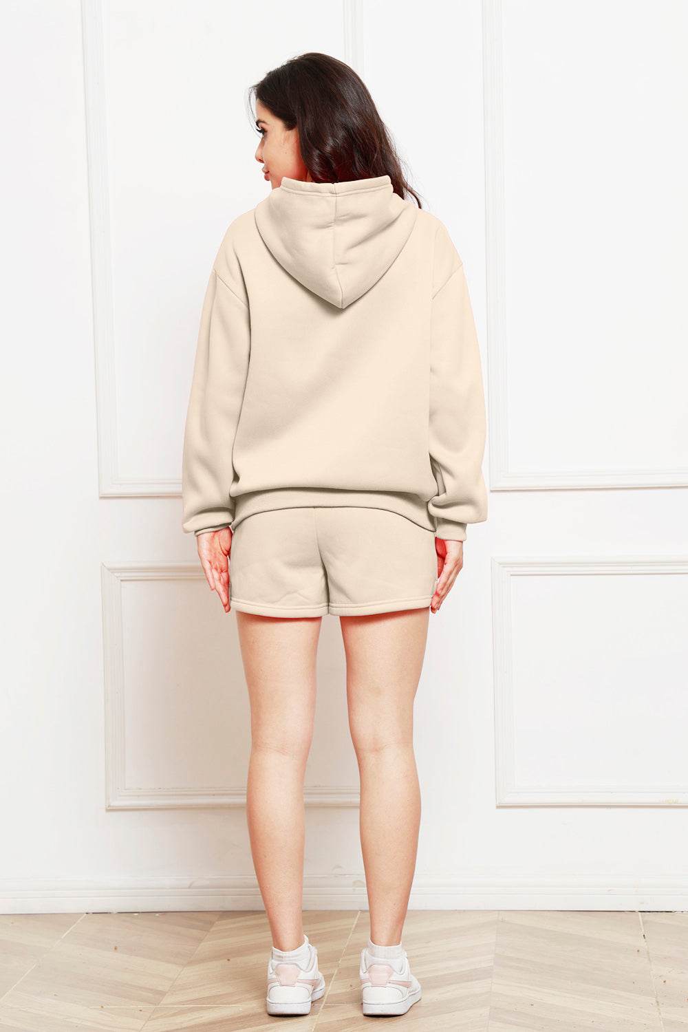 Drop Shoulder Long Sleeve Hoodie and Shorts Set - DaTrendStore.Com