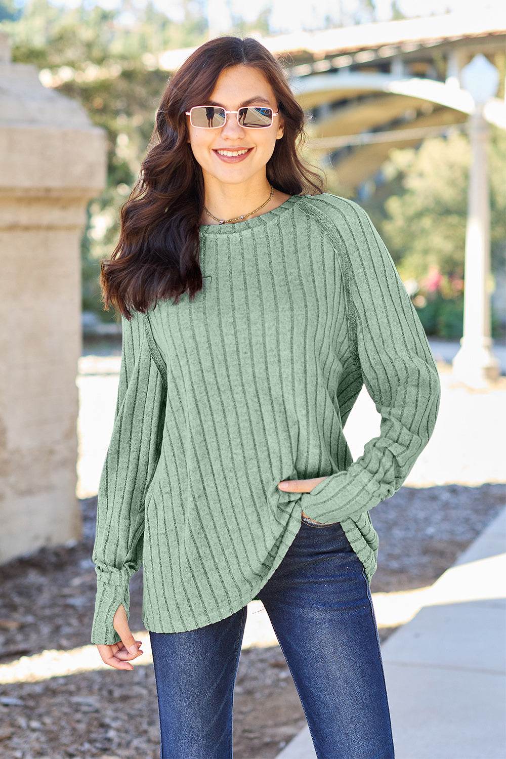 Basic Bae Full Size Ribbed Round Neck Long Sleeve Knit Top - DaTrendStore.Com