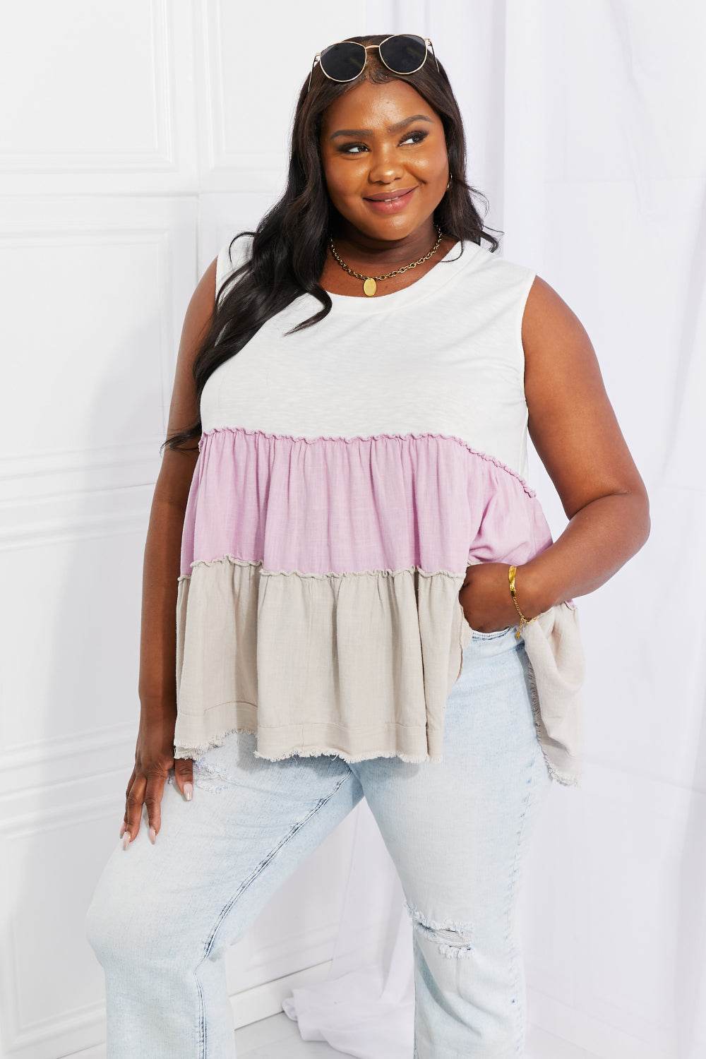 White Birch Full Size Watching the Sunset Color Block Babydoll Top - DaTrendStore.Com