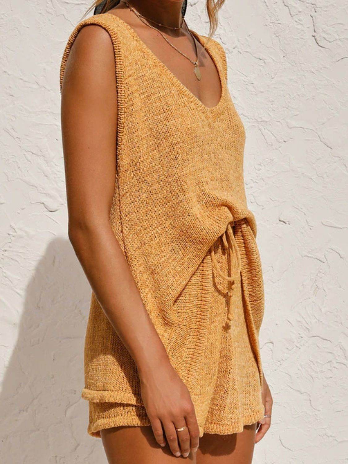 V-Neck Sleeveless Top and Drawstring Shorts Sweater Set - DaTrendStore.Com