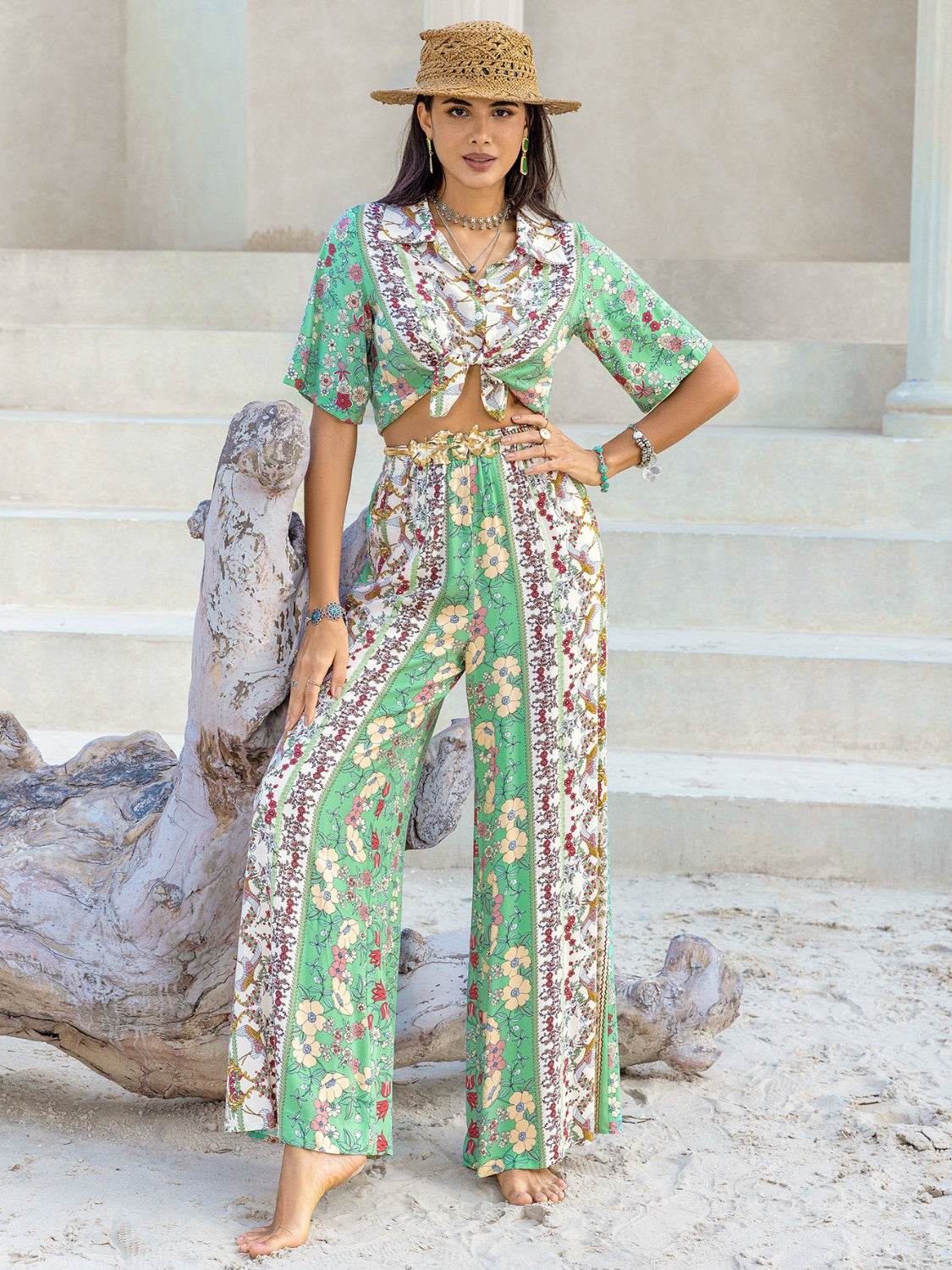Printed Half Sleeve Top and Wide Leg Pants Set - DaTrendStore.Com