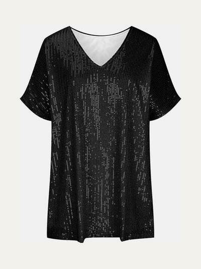 Full Size Sequin V-Neck Short Sleeve Top - DaTrendStore.Com