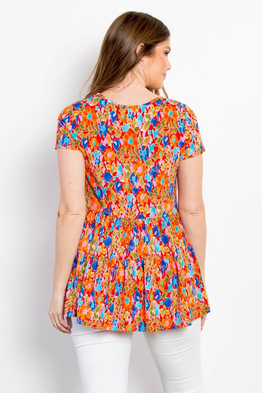 Be Stage Full Size Floral Short Sleeve Babydoll Top - DaTrendStore.Com
