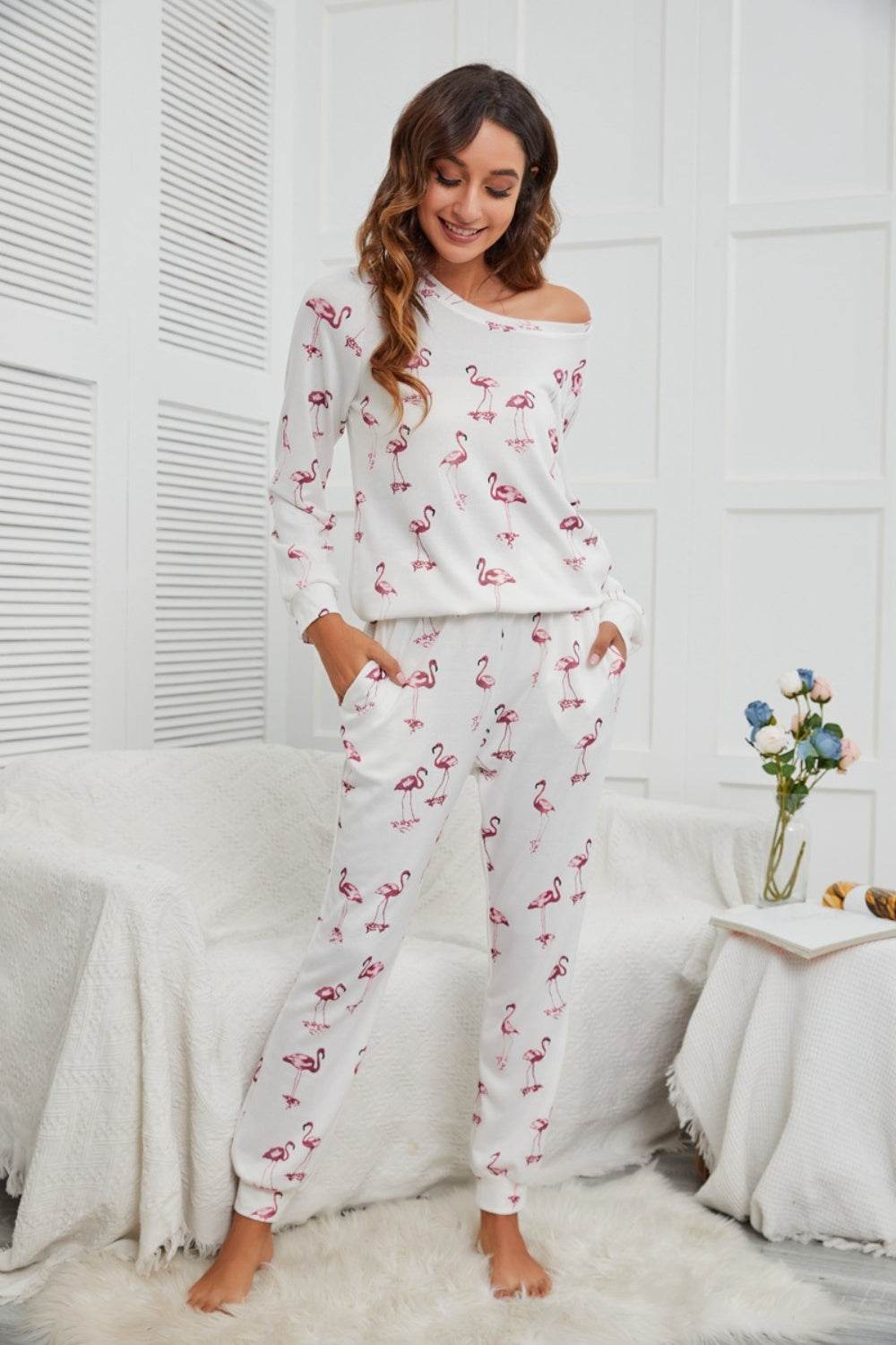 Flamingo Long Sleeve Top and Pants Lounge Set - DaTrendStore.Com