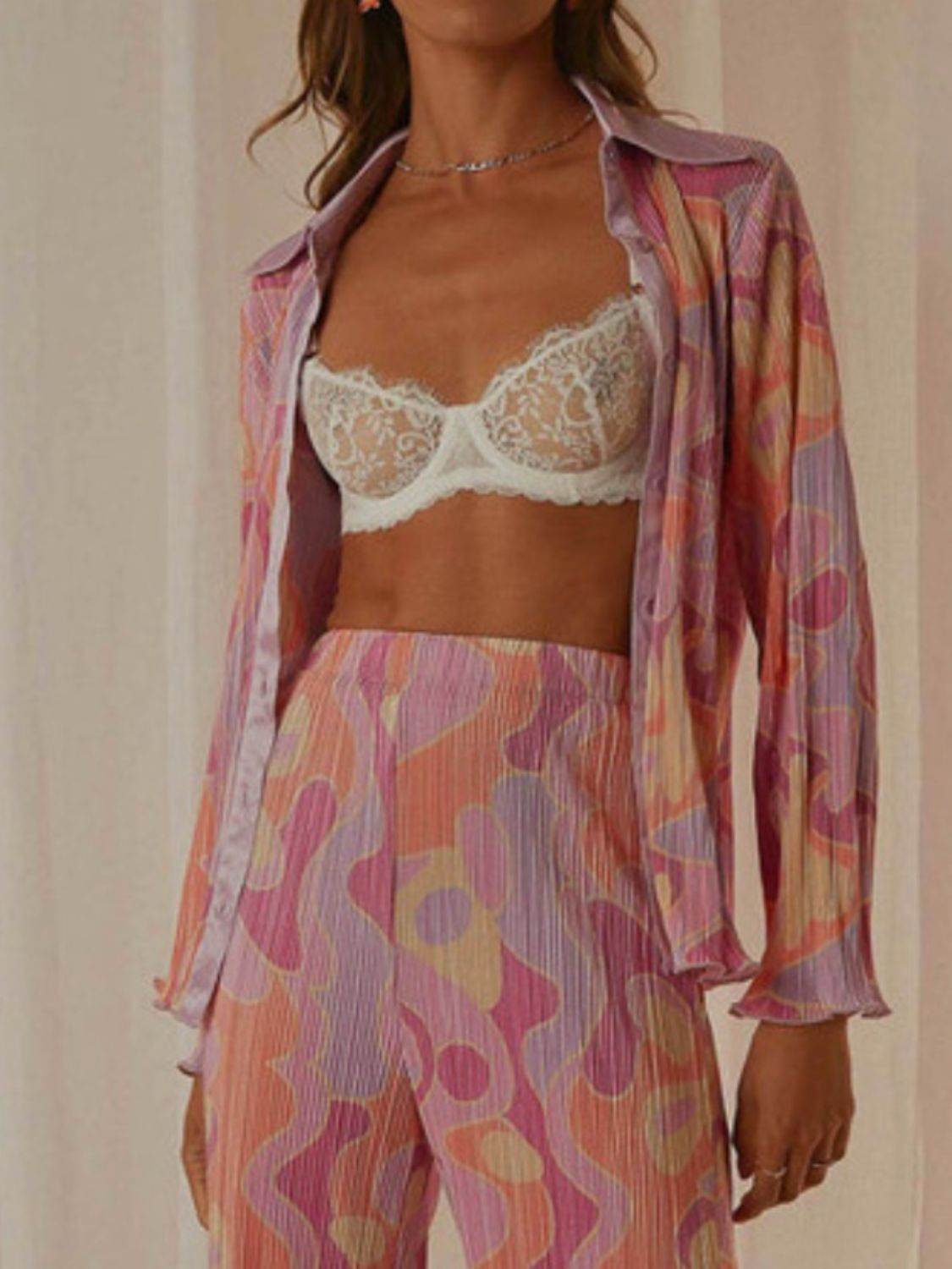 Printed Collared Neck Long Sleeve Top and Pants Lounge Set - DaTrendStore.Com