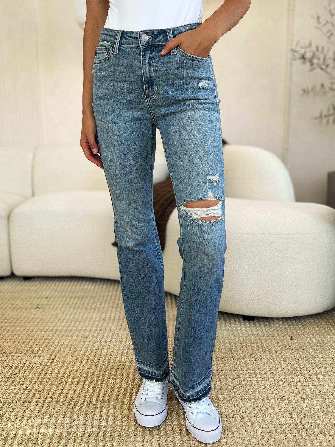 Judy Blue Full Size Mid Rise Destroyed Hem Distressed Jeans - DaTrendStore.Com