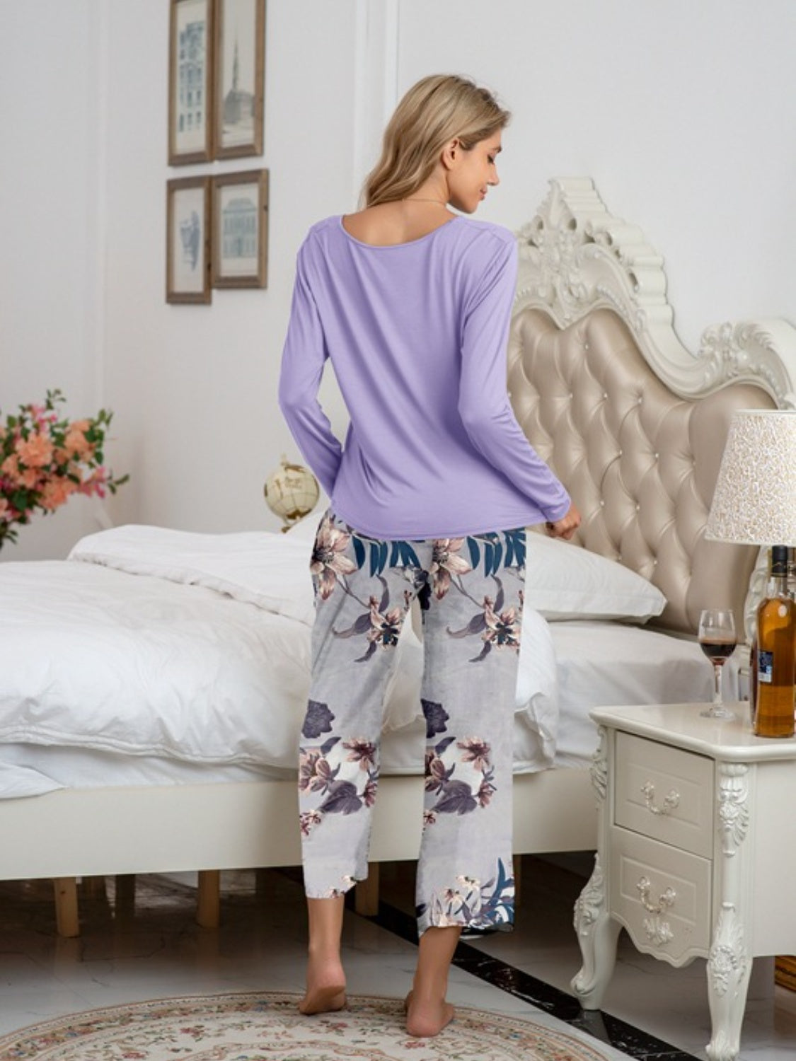 Round Neck Top and Printed Pants Lounge Set