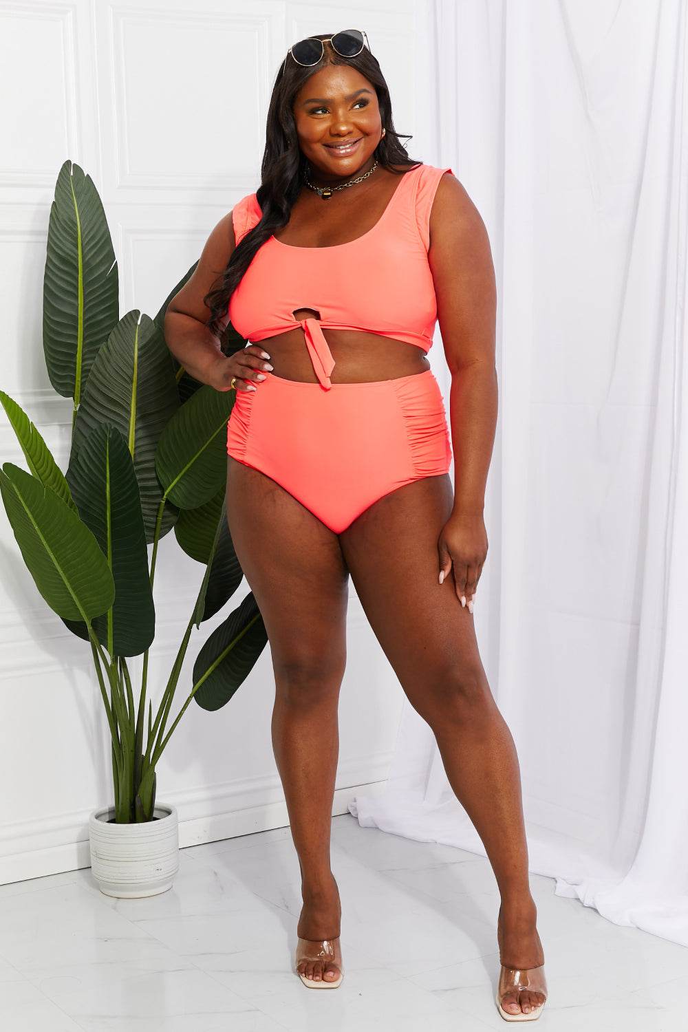 Marina West Swim Sanibel Crop Swim Top and Ruched Bottoms Set in Coral - DaTrendStore.Com