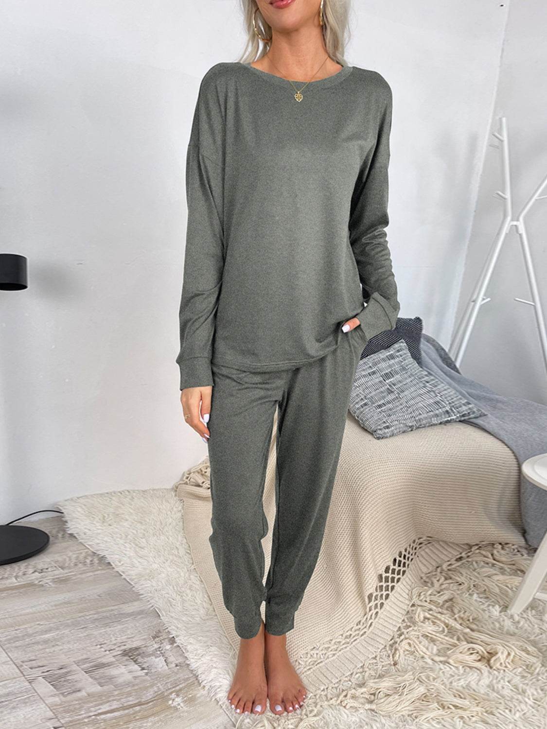 Shiny Round Neck Top and Drawstring Pants Lounge Set - DaTrendStore.Com