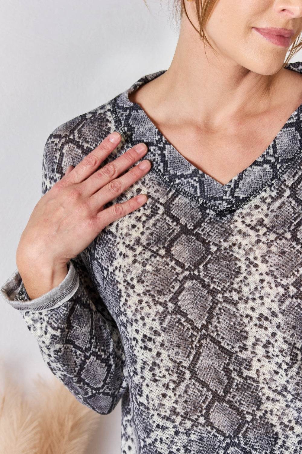 Hailey & Co Full Size Snakeskin V-Neck Long Sleeve Top - DaTrendStore.Com