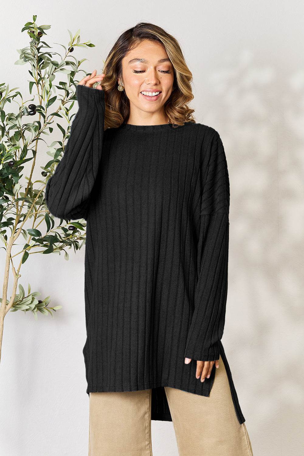 Basic Bae Full Size Ribbed Round Neck Long Sleeve Slit Top - DaTrendStore.Com