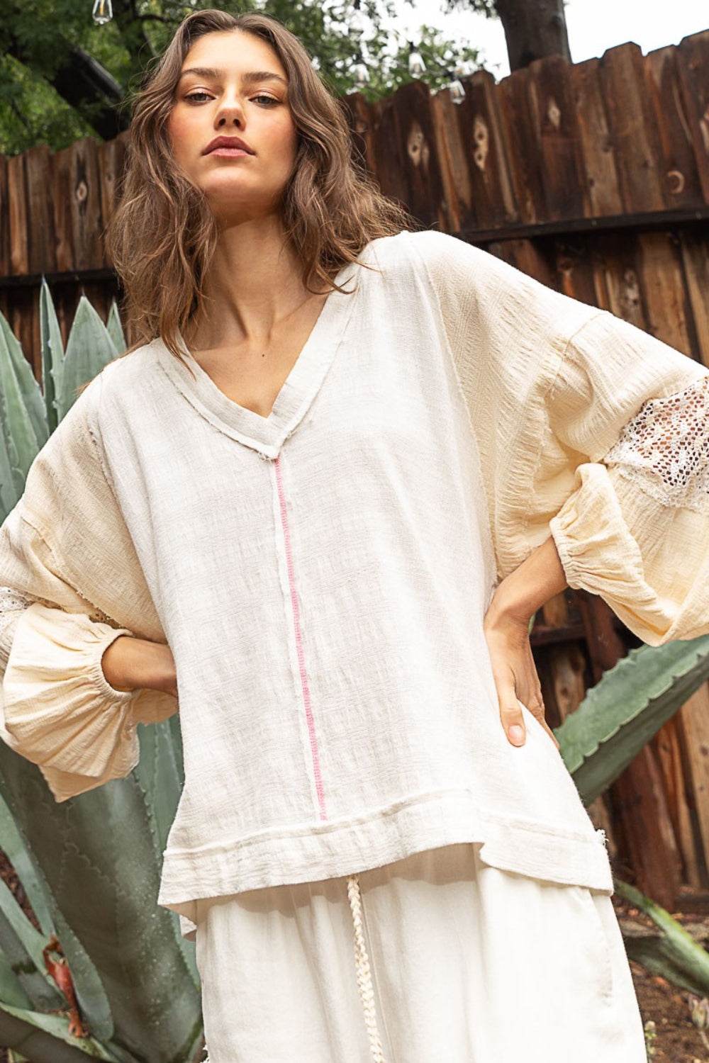 POL Balloon Sleeve Crochet Patch Top - DaTrendStore.Com