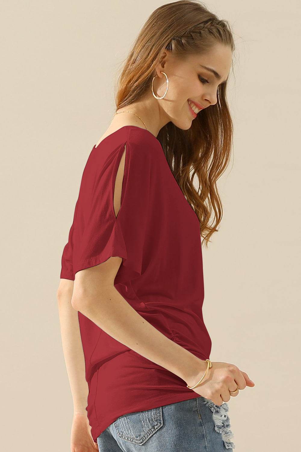 Ninexis Boat Neck Short Sleeve Ruched Side Top - DaTrendStore.Com