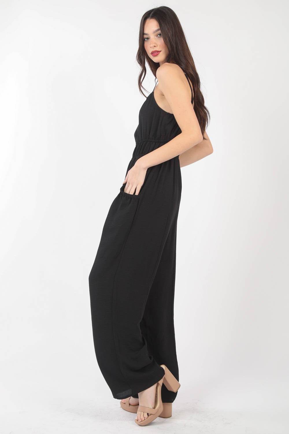 VERY J Pintuck Detail Woven Sleeveless Jumpsuit - DaTrendStore.Com