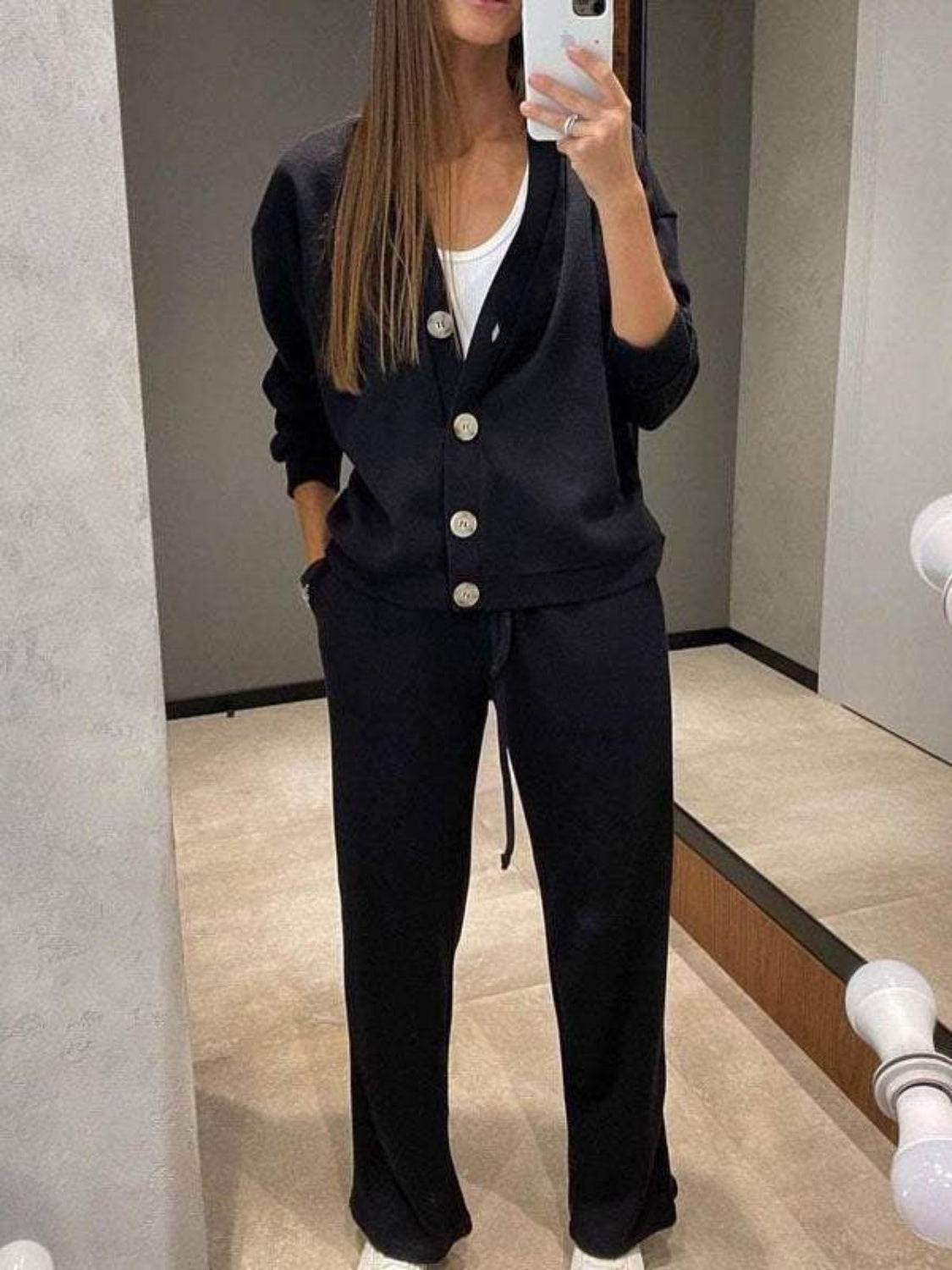 Full Size Button Up Long Sleeve Top and Pants Set - DaTrendStore.Com