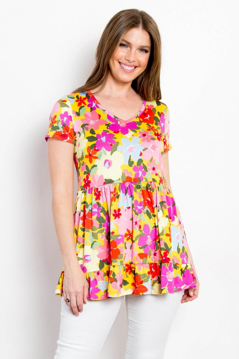 Be Stage Full Size Floral Wrinkle Free Ruffled Blouse - DaTrendStore.Com
