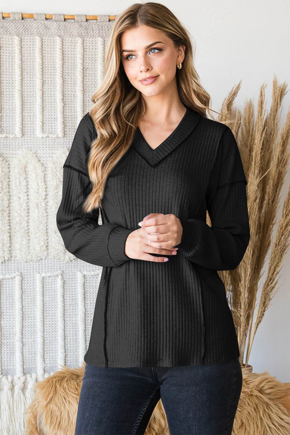 Heimish Full Size Ribbed V-Neck Exposed Seam Top - DaTrendStore.Com